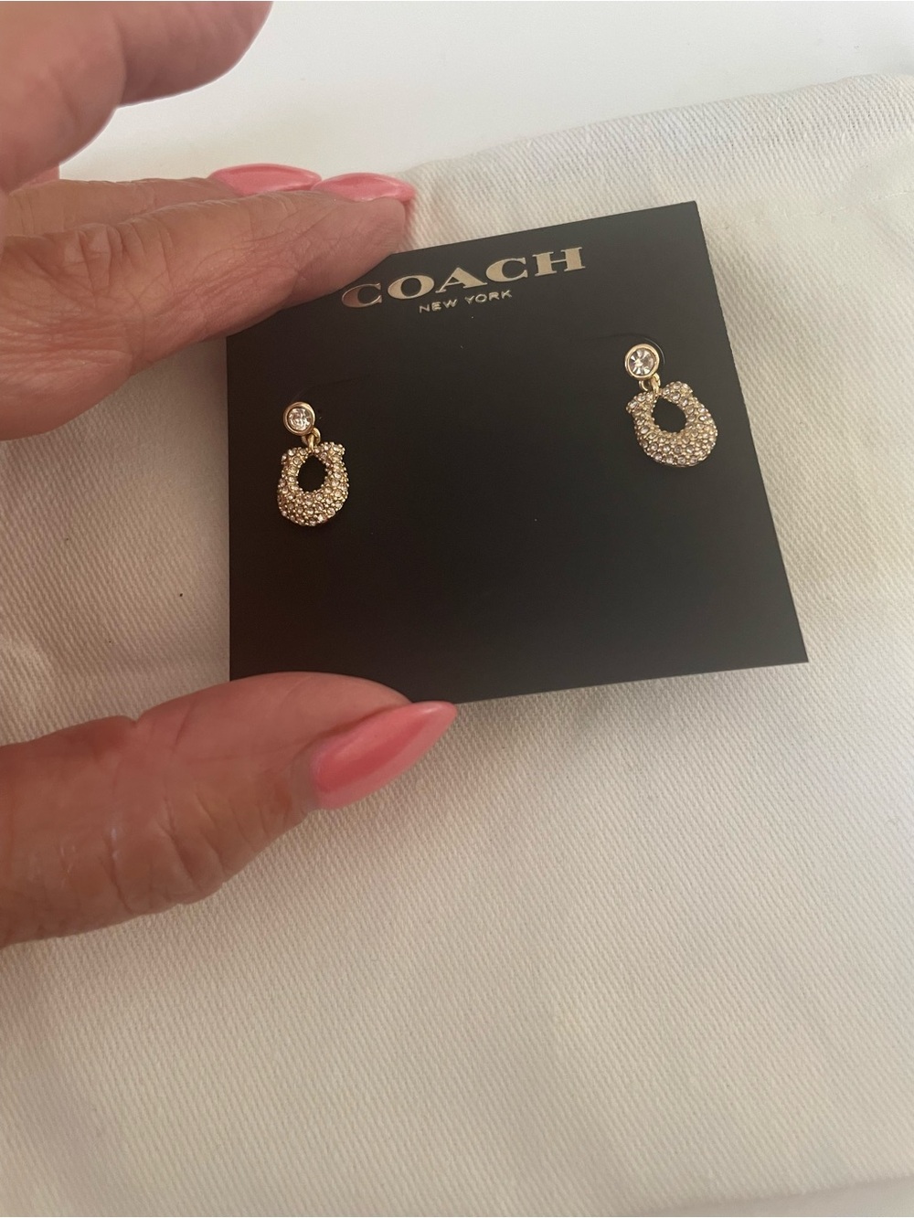 COACH Gold Crystal Pavé Open Oval Drop Earrings - Picture 3 of 5